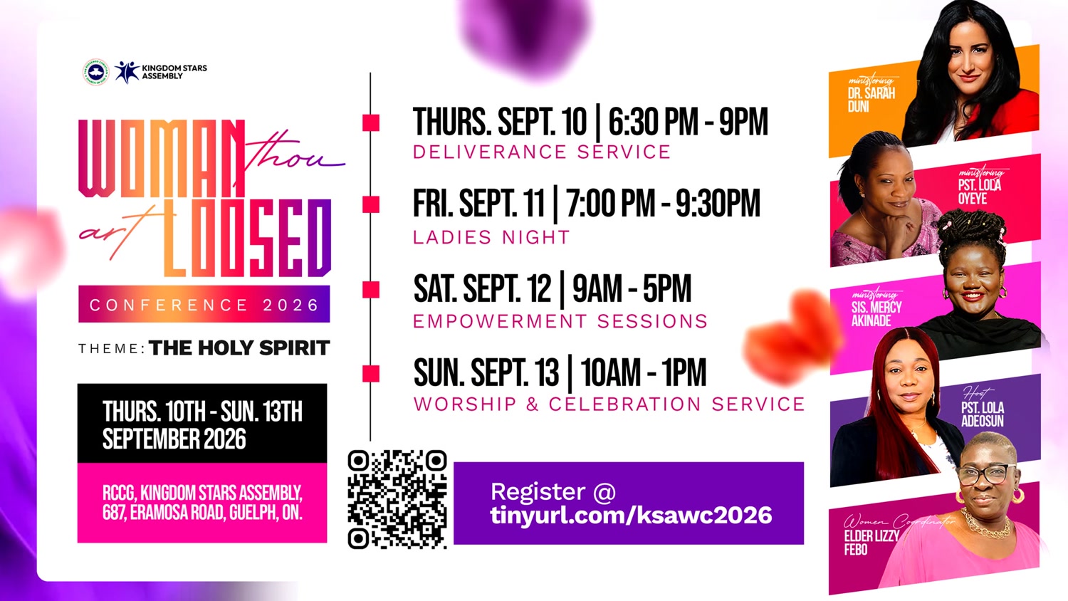 Woman Thou Art Loosed Conference 2026 flyer, themed The Holy Spirit, September 10 to 13 at Kingdom Stars Assembly in Guelph